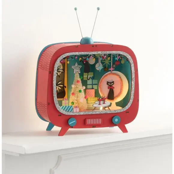 Mid-Century Modern Atomic Cat TV Set Light Up Christmas Decor Laser Cut Wood NEW - Picture 3 of 5